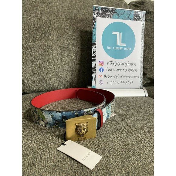 GUCCI Blooms Print Coated Canvas Belt Feline Gucci Bloom Floral Belt Supreme GG Blue/Brown Multicolor in  main image 2